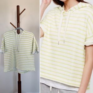 LOU & GREY Striped Short Sleeve Hoodie Terry White Lime Green Size Medium Cotton